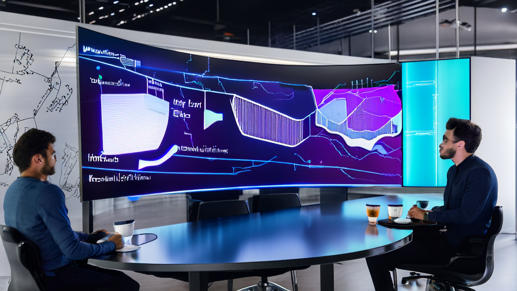 In a modern office, young entrepreneurs are discussing AI email marketing strategies with complex data and charts on the screen, alongside a professional PPT generated by Zhipu AI Slides.