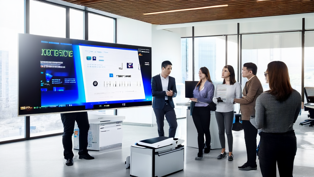 A team in a modern office is discussing AI email marketing strategies with a poster of “Claude Tool Upgrade“ on the wall.