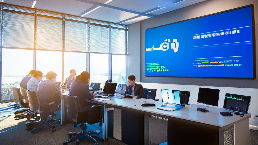 阳光照耀下的现代化办公室，员工们正利用微软的AI技术优化邮件营销，提高客户回复率，背景是高效的云计算基础设施。