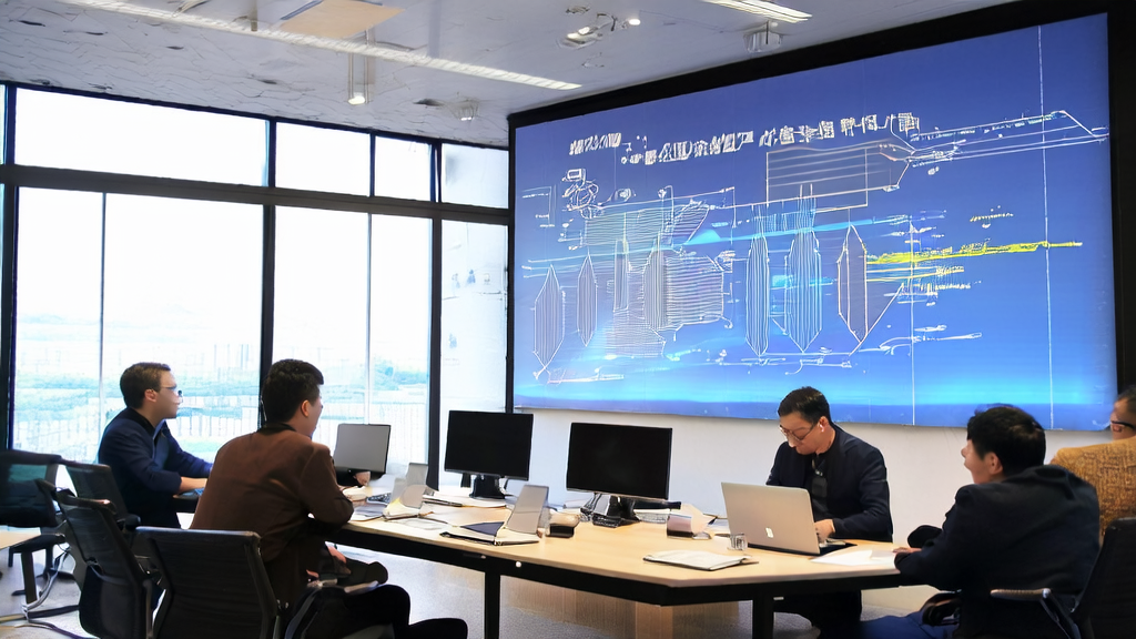 A modern office where a team discusses AI email marketing with Poe API technology in the background