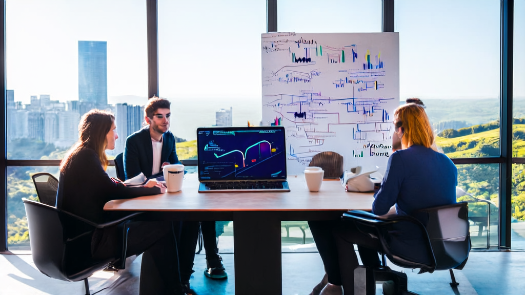 Marketing team discussing AI-based high-conversion email strategies in a modern office