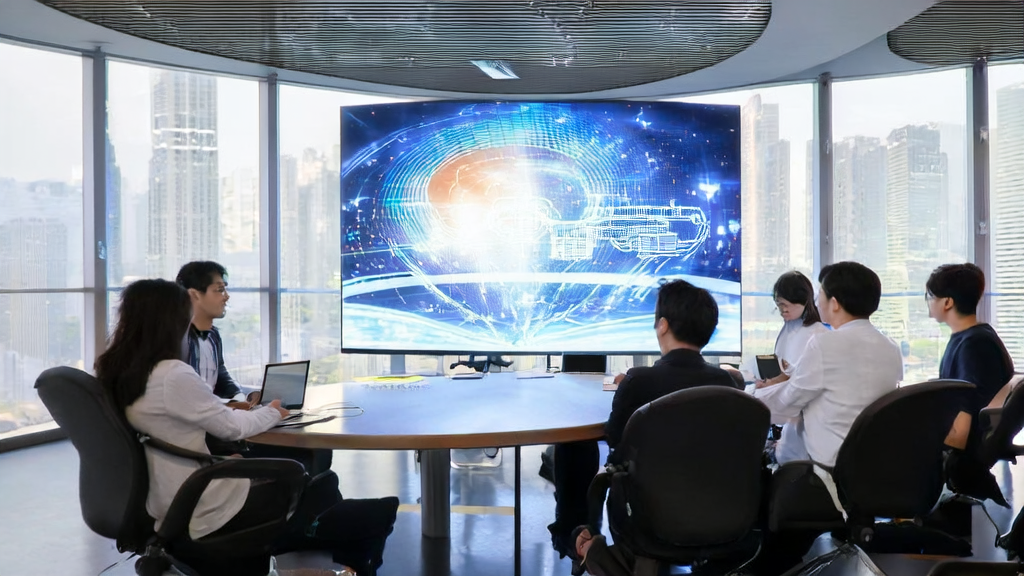 Employees in a modern office discussing AI email marketing strategies, showcasing the new Step 3 foundation model and its applications