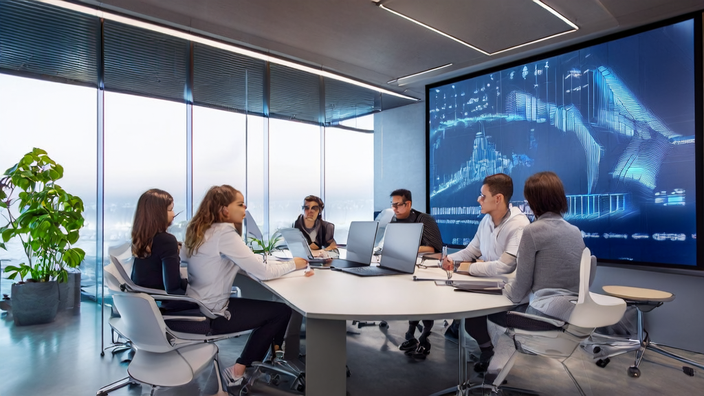 A modern office setting where team members are optimizing email marketing strategies using AI technology to boost customer reply rates.