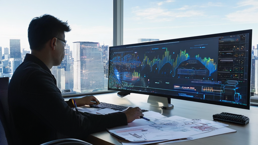 Designer in a modern office using AI technology to optimize email templates