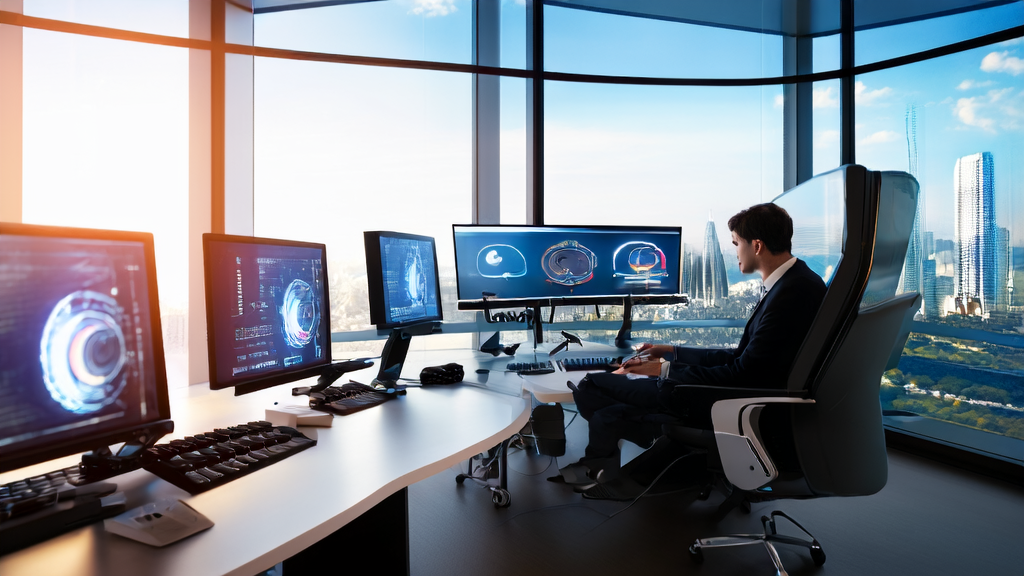 A business professional in a modern office using AI tools to polish export emails, with a Grok4 model poster in the background