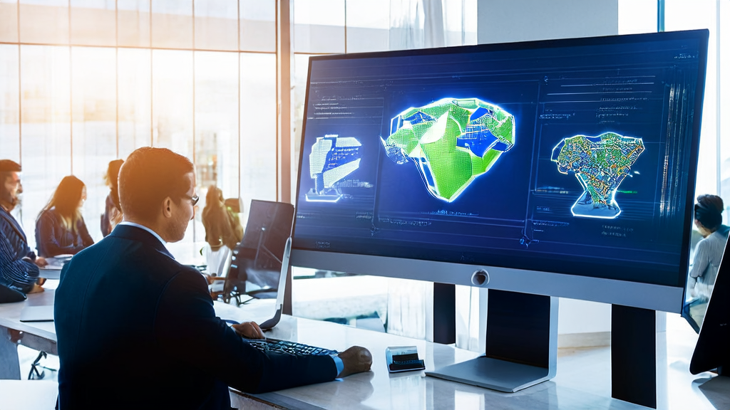 Export business staff in a modern office using AI email polishing tools to optimize email content