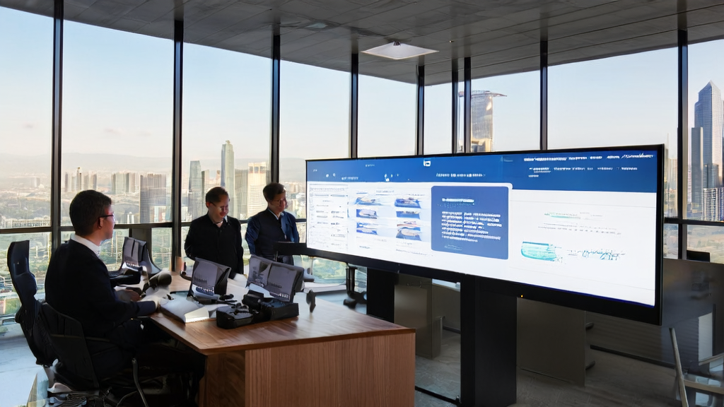Foreign trade staff in a modern office using AI email polishing tools to handle international emails, with a Google Lab Opal promotional poster on the background wall.