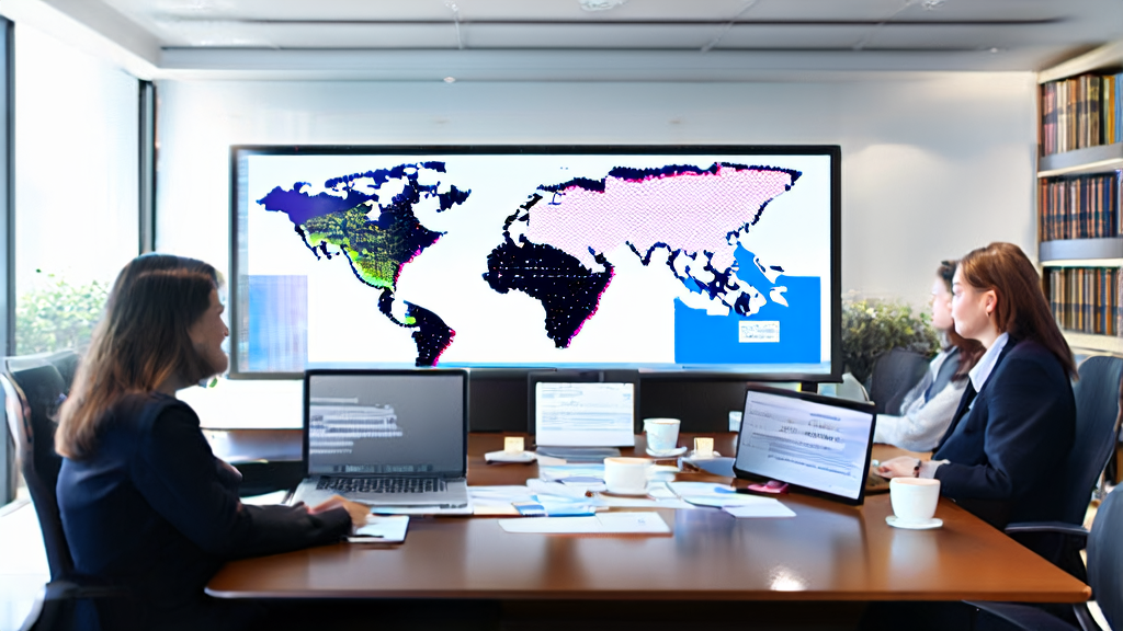 In a modern office, business professionals are using an AI email polishing tool to optimize email content, with a world map on the background wall symbolizing a global vision.