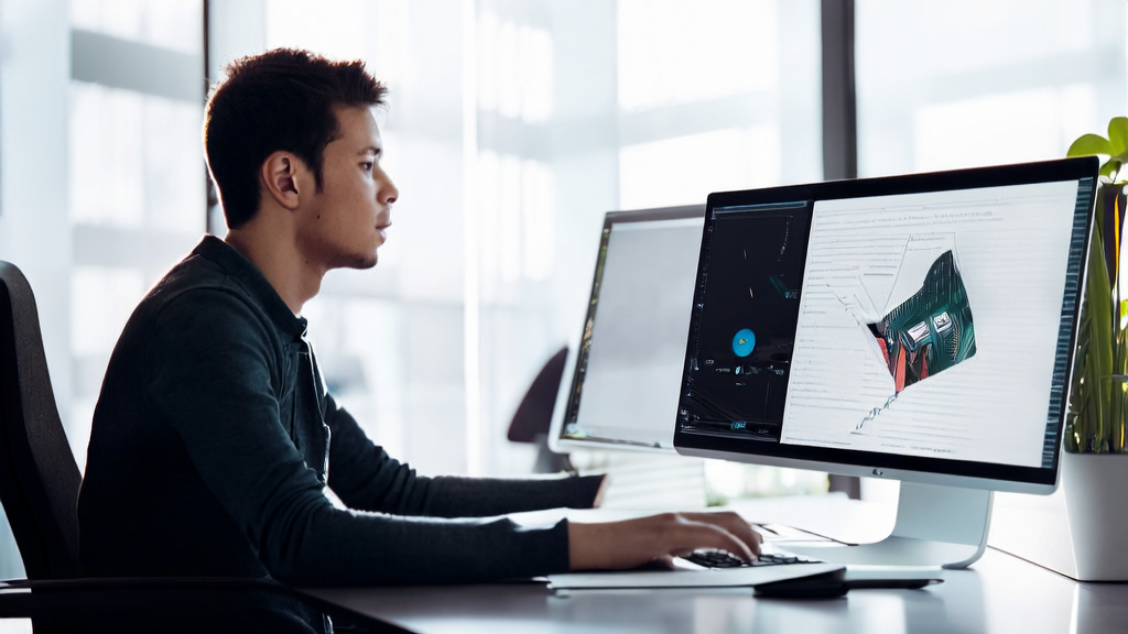 In a modern office, an employee is using AI email polishing technology to optimize email content, alongside stunning images generated by Tencent Hunyuan Image model