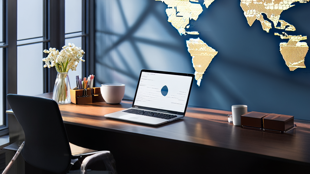 阳光照射下的现代办公室，桌上有一台显示AI邮件润色工具的笔记本电脑、一杯咖啡和一束鲜花