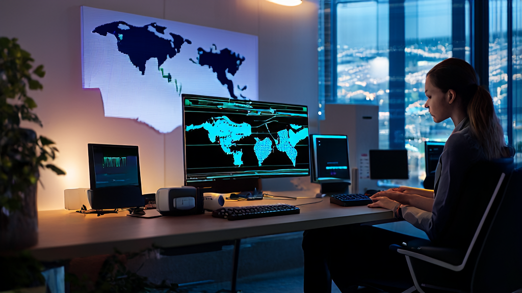 In a modern office, a designer is using AI technology to create email templates, enhanced by ElevenLabs V3 voice model for better customer experience.