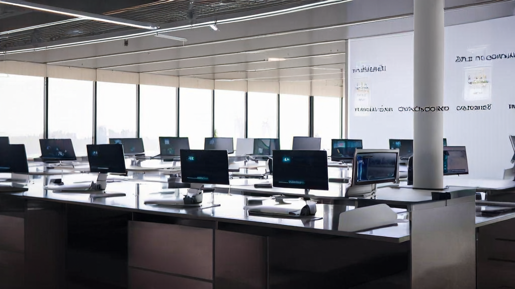 阳光照射下的现代化办公室，AI邮件润色工具正在优化邮件内容，提升品牌形象