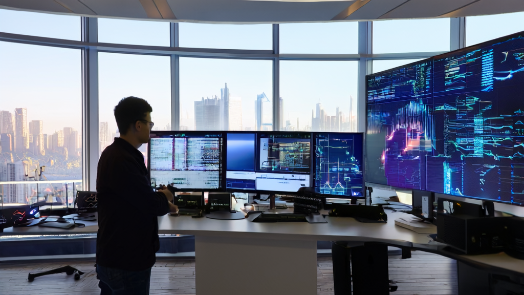现代化办公室中忙碌的AI工程师们，展示AI技术应用的图表和数据流，墙上挂着客户数据清洗结果和获客分析报告