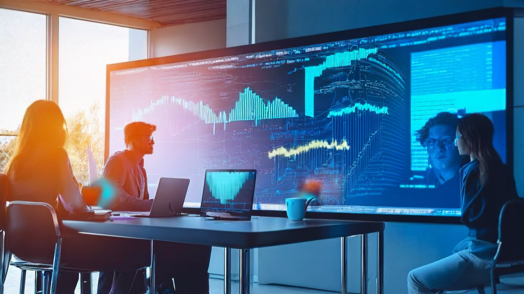 A team in a modern office is using AI technology to analyze LinkedIn client data, showcasing a tech-driven work environment.