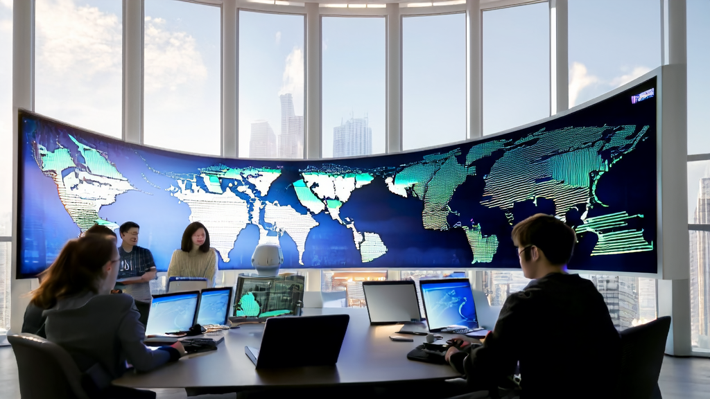 Young professionals in a modern office using AI technology and Twitter data for market analysis
