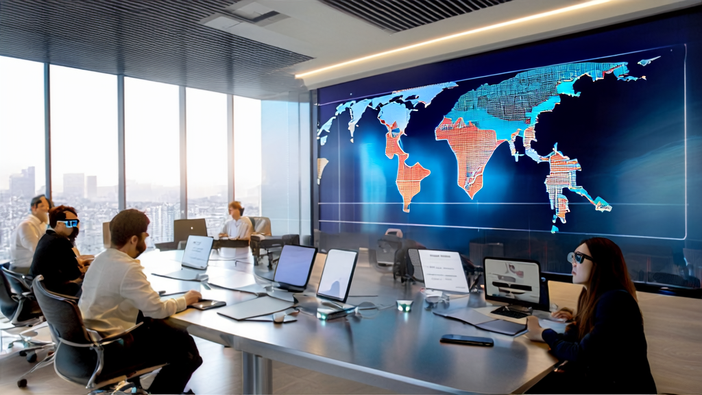 Modern office where export trade company employees analyze global market data using AI technology