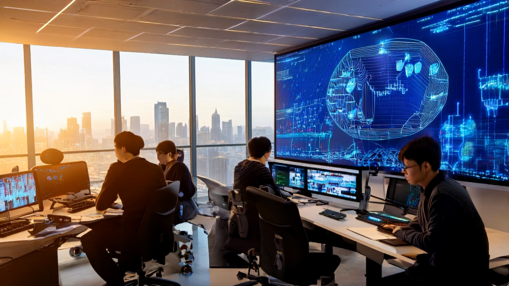 Young professionals in a modern office using AI technology for customer data processing and acquisition