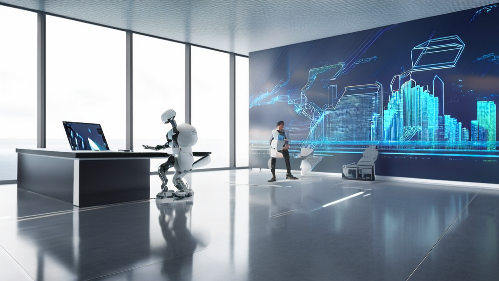 In a modern office, an AI robot interacts with an entrepreneur, showcasing the application of AI technology in business