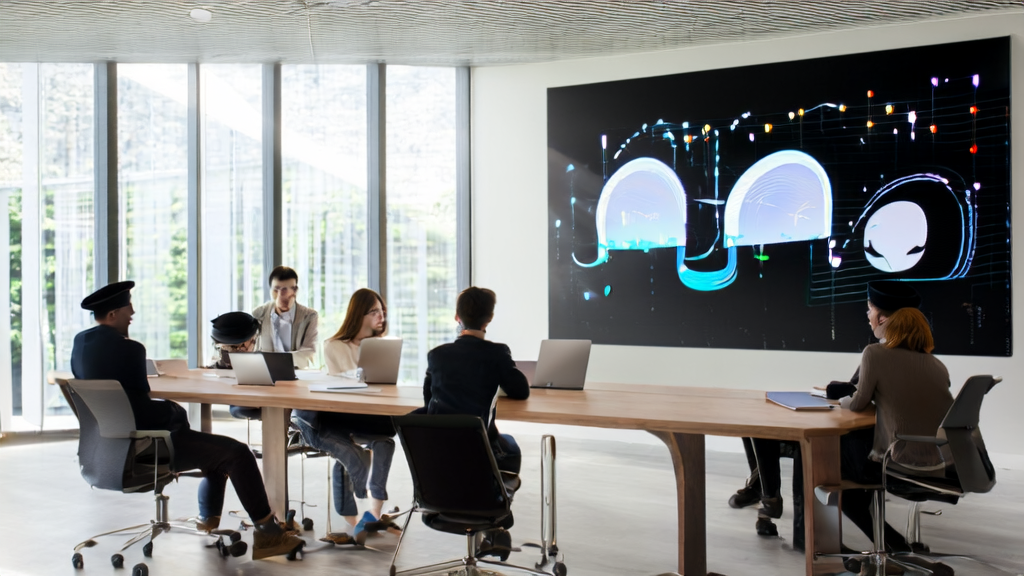 In a modern office, the team is discussing AI keyword mining optimization strategies. The ByteDance logo hangs on the wall, and in the corner, there is a felt panda wearing a wide-brimmed hat.