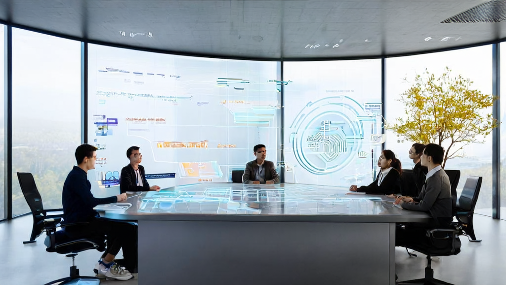 Scene of employees discussing AI keyword optimization in a modern office