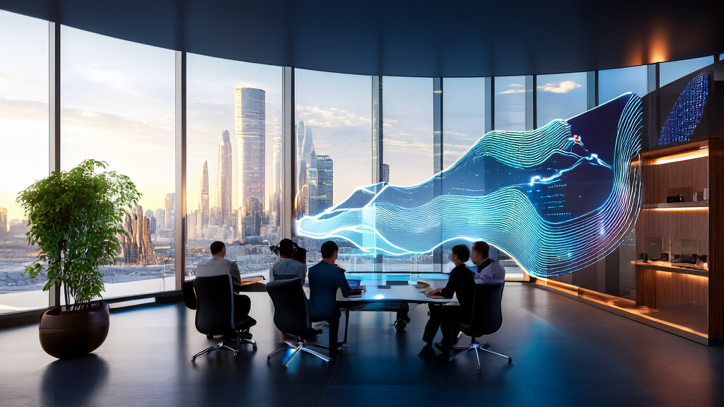 A team in a modern office is using AI technology for keyword mining and optimization, with a bustling city skyline outside the window.