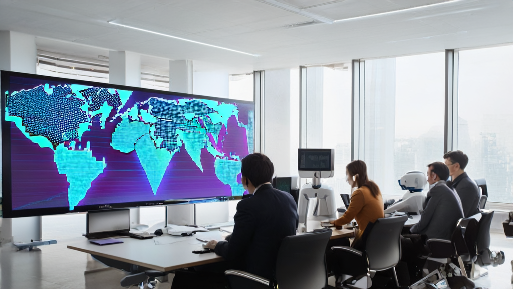 现代化办公室内的商务人士正在使用AI技术分析LinkedIn客户数据，墙上挂着全球地图，展示全球市场动态。