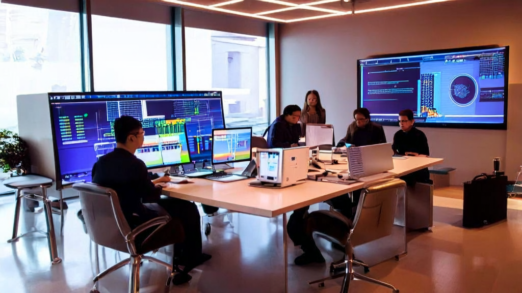 现代化办公室内的员工使用AI技术进行外贸B2B营销