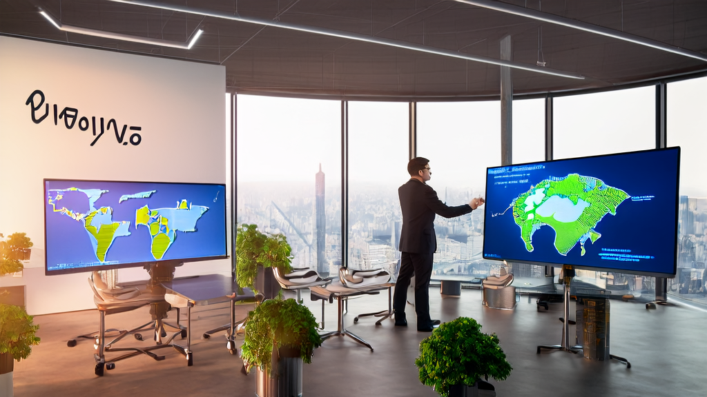 A businessperson in a modern office using a smart computer and Google Maps to gather customer information, showcasing the application of AI marketing.