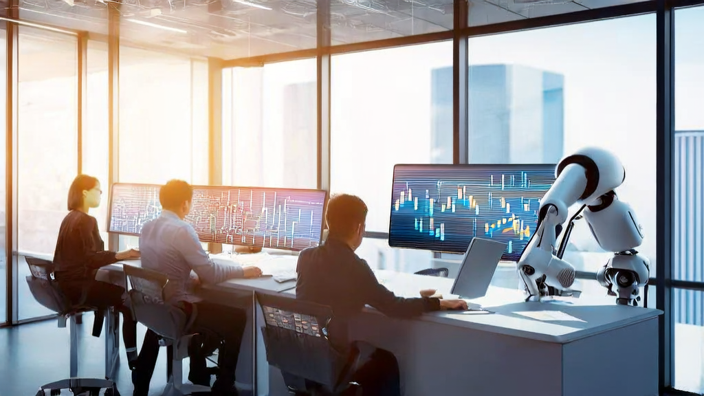 In a sunny modern office, employees are working on marketing and data analysis using AI technology.