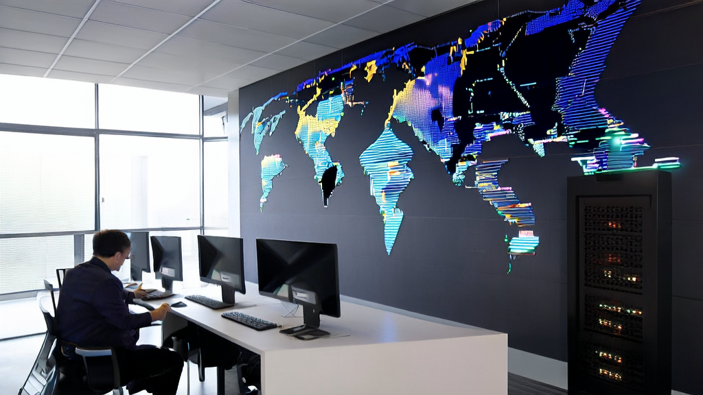 Employees in a modern office using AI technology for data analysis and marketing strategy development