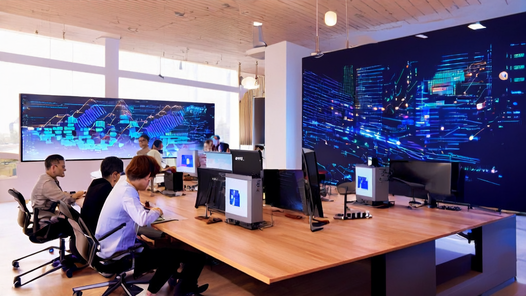 Professionals in a modern office using AI technology for precise marketing