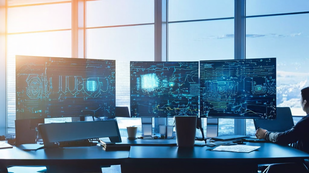 A modern office with sunlight, an engineer tuning an AI model, showcasing the integration of AI technology and email marketing