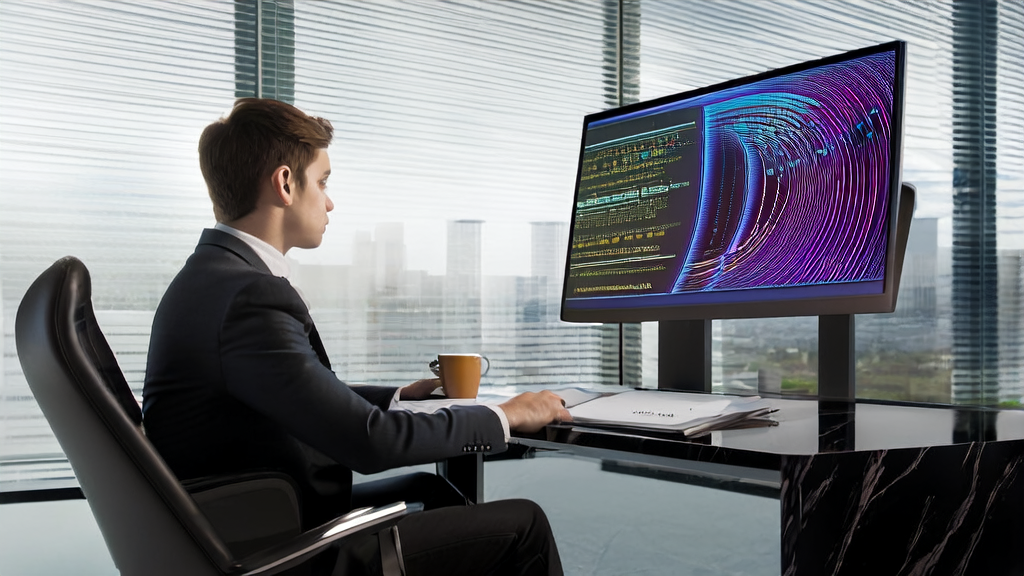 A modern office where an entrepreneur is planning AI-driven email marketing using Microsoft Phi-4-mini