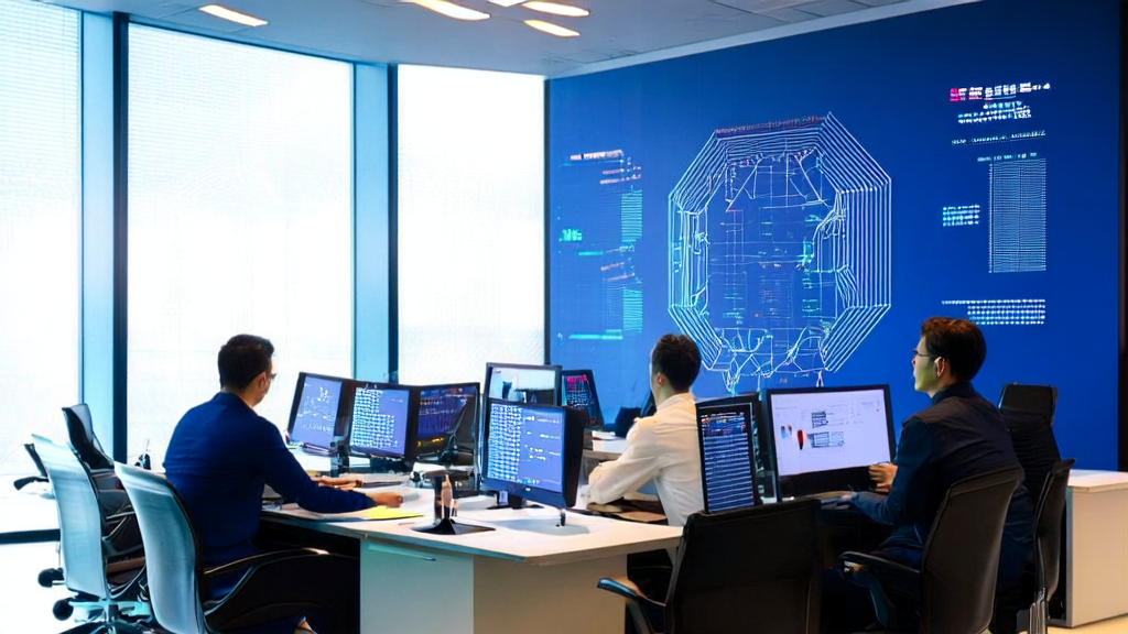 A modern office illuminated by sunlight, where employees are using AI technology for data analysis and marketing strategy discussions