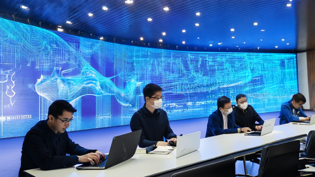 现代化办公室内的工程师们正在使用阿里云发布的“无影AgentBay”进行AI营销策略的研究