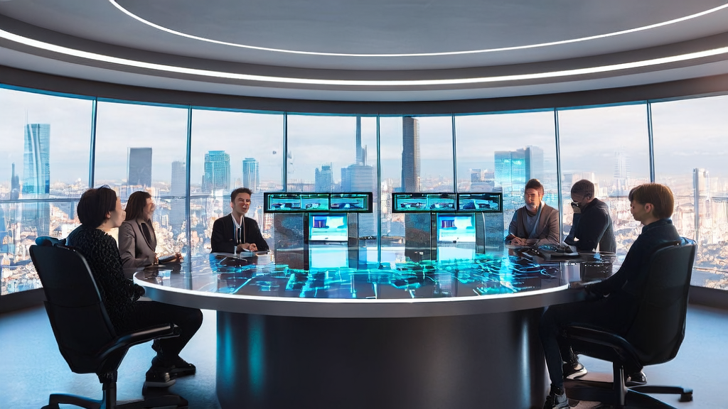 In a modern office, marketing experts use Poe's API to generate images and videos, showcasing the integration of AI technology and creativity.