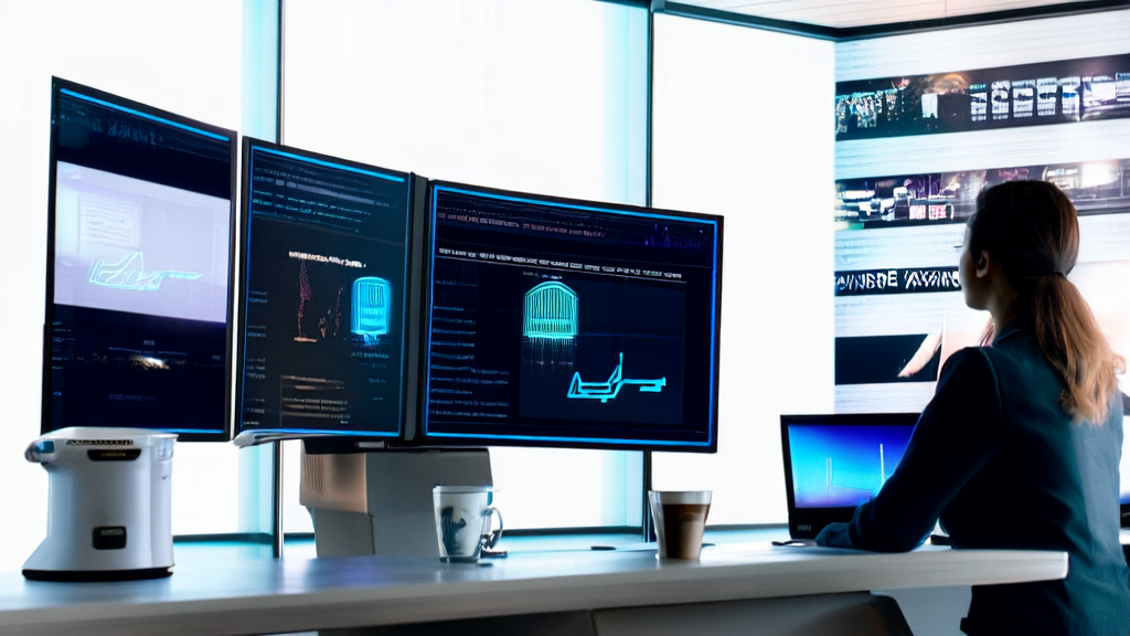 A marketing specialist using AI technology for email marketing in a modern office
