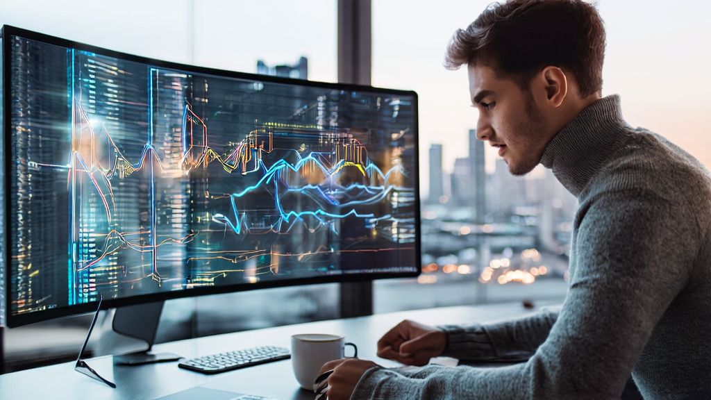 A modern office bathed in sunlight, where an analyst is optimizing customer data cleaning and marketing strategies using AI technology