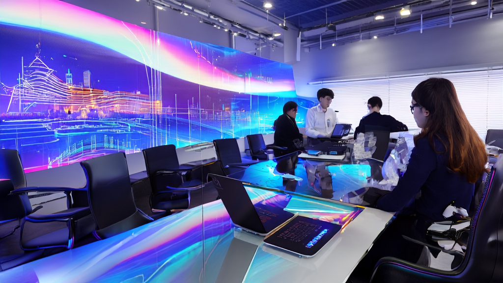 Entrepreneurs in a modern office are using AI technology to optimize foreign trade acquisition and sales strategies, with Tencent AI-generated artwork displayed on the screen.