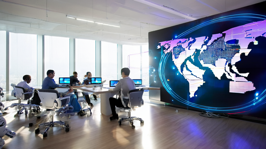 In a bright modern office, employees are using advanced devices for AI data analysis, with a world map marked with global markets on the wall.