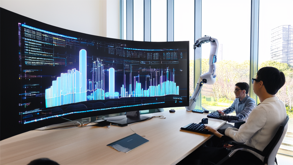 Employees in a modern office using AI systems for marketing data analysis