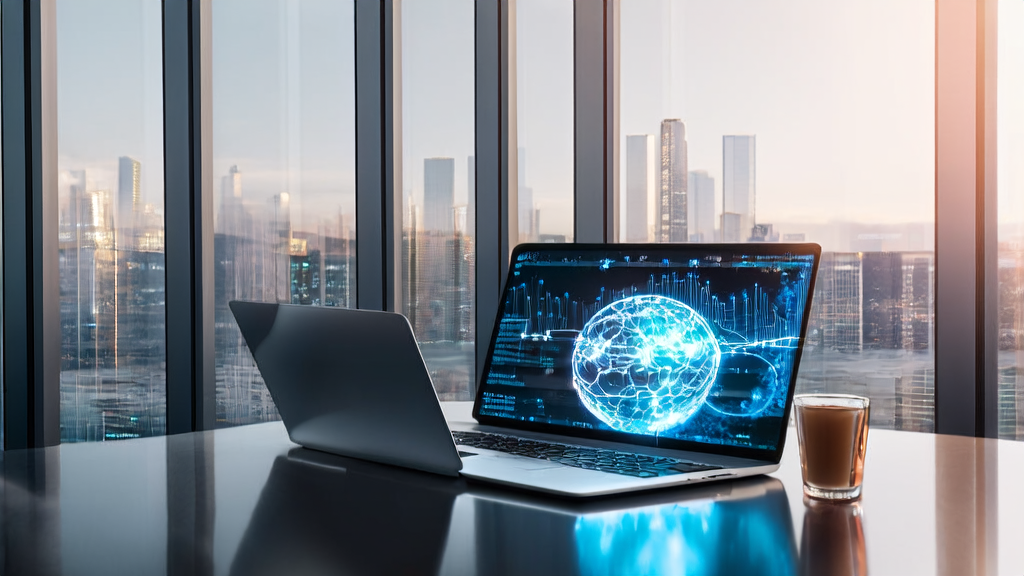 Modern office where a professional is analyzing email marketing data using AI technology