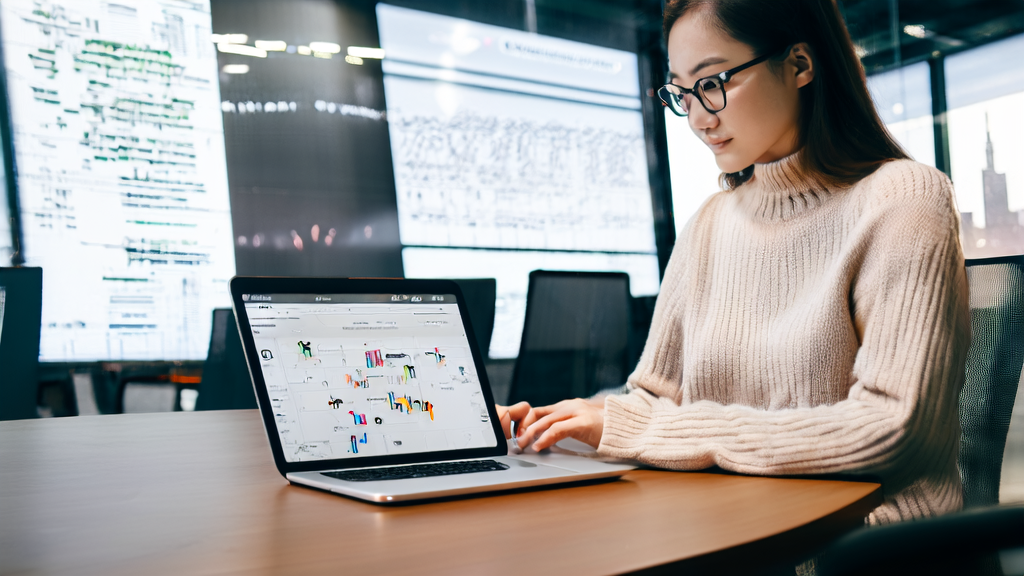 An employee in a modern office using the Ovis-U1 model for smart marketing automation