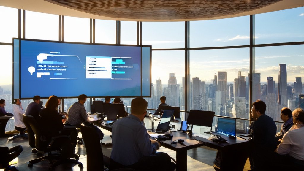 In a modern office, an employee is giving a voice demonstration using the ChatGPT Android app with real-time captions, while Twitter data analysis charts display the latest market trends on a large screen.