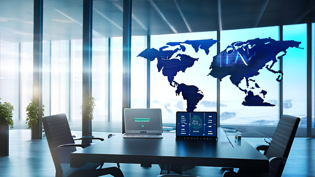 现代化办公室中，年轻团队正在讨论和演示MOSS-TTSD语音合成技术，墙上挂着标注国际市场的全球地图。