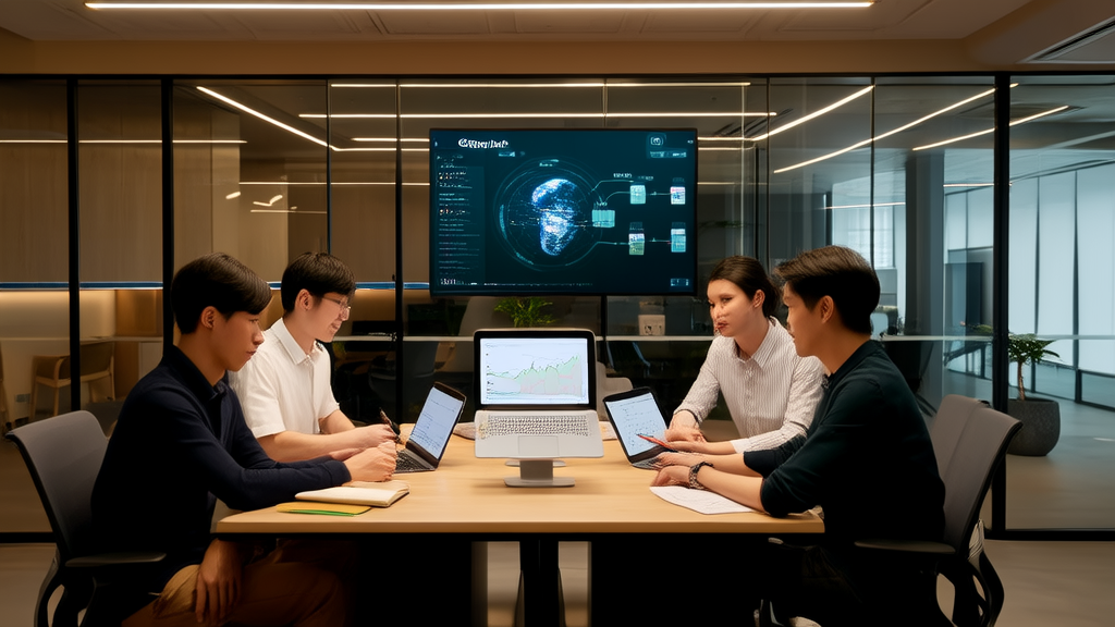 Employees in a modern office discussing AI marketing strategies using Google Maps