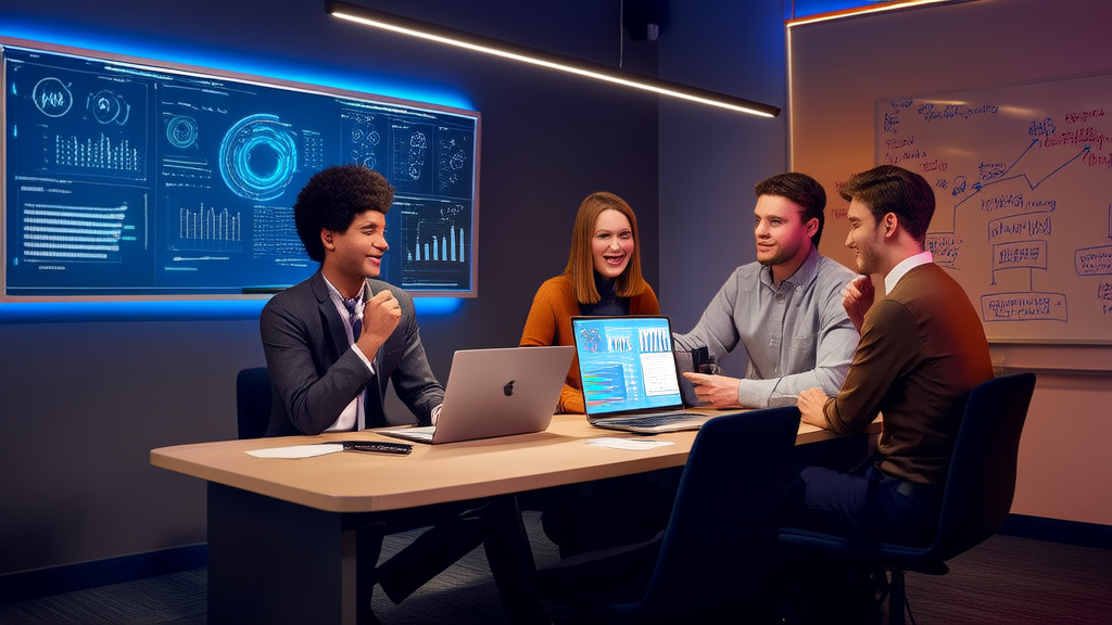 Young entrepreneurs in a modern office discussing AI marketing and Quora customer acquisition strategies