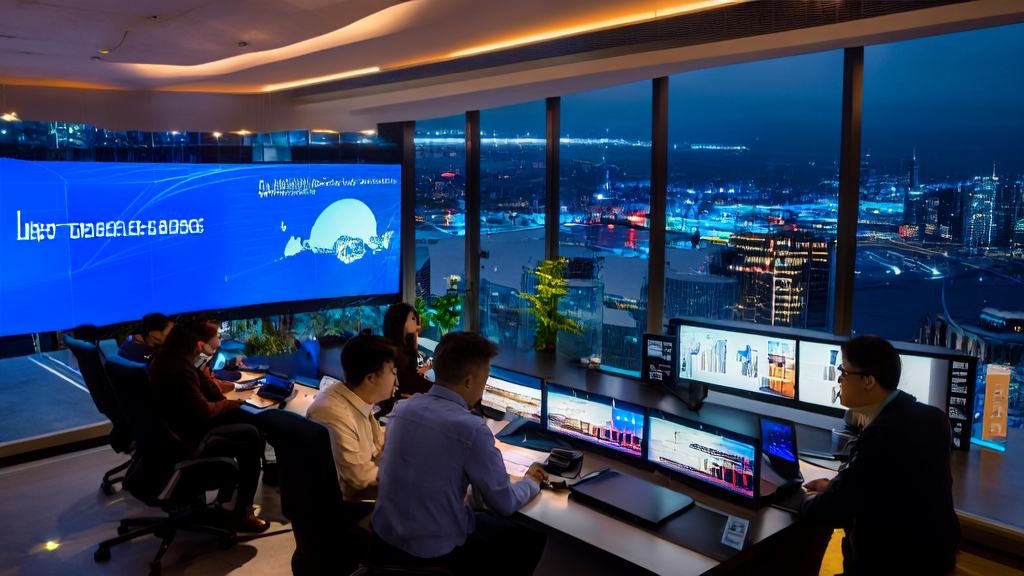 In a modern office with city night view, entrepreneurs are discussing AI marketing strategies