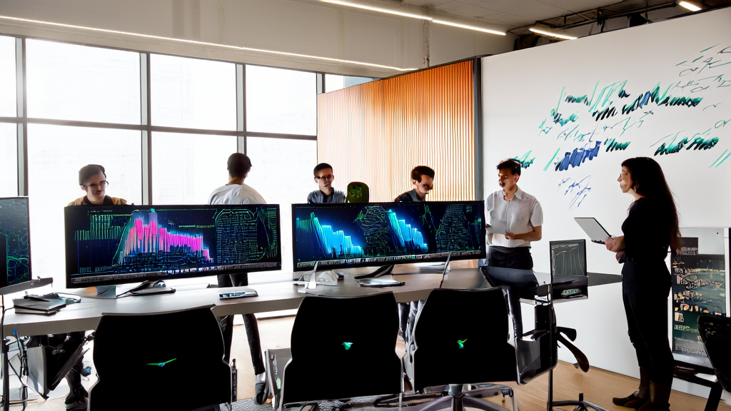 现代化办公室内员工讨论AI营销策略，展示NVIDIA Audio-SDS技术和Twitter数据分析