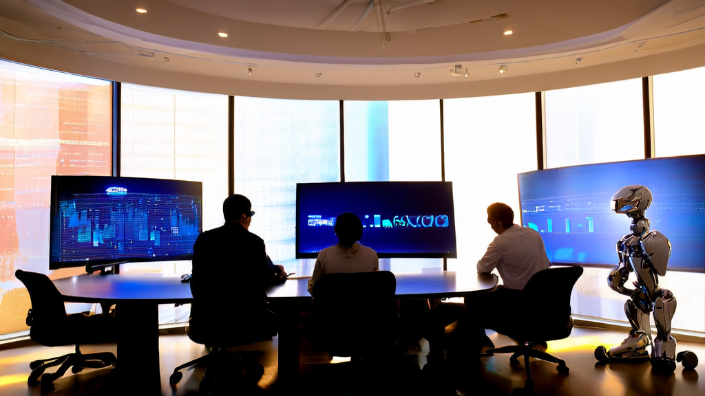 In a modern office, employees are discussing new customer acquisition channels driven by AI technology